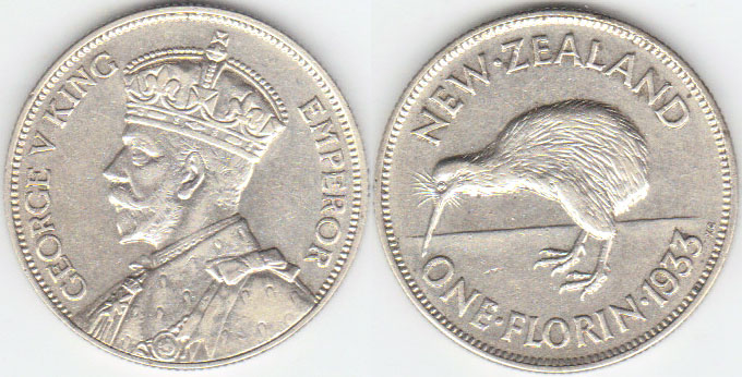 1933 New Zealand silver Florin (aEF) A001749